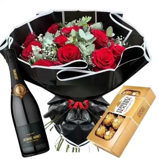 Ramo de 12 rosas rojas importadas rocher x8 y espumante